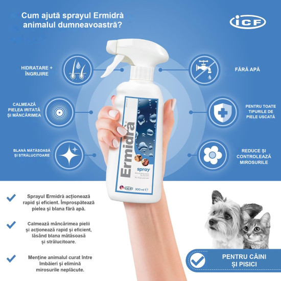 ICF Ermidra Spray, 300 ml – soluție dermatologică hidratantă pentru câini și pisici
